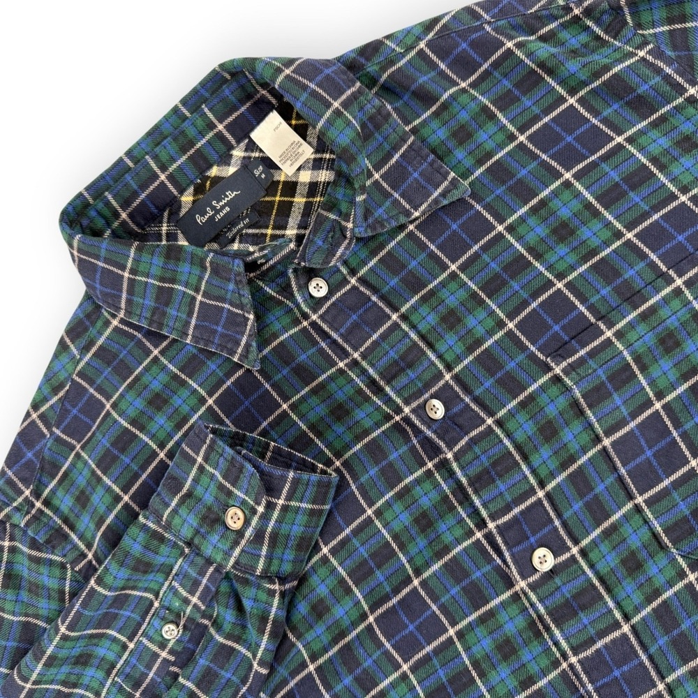 Paul Smith Flannel Shirt Mens M Blue Green Tartan Plaid Tailored Fit Button Down